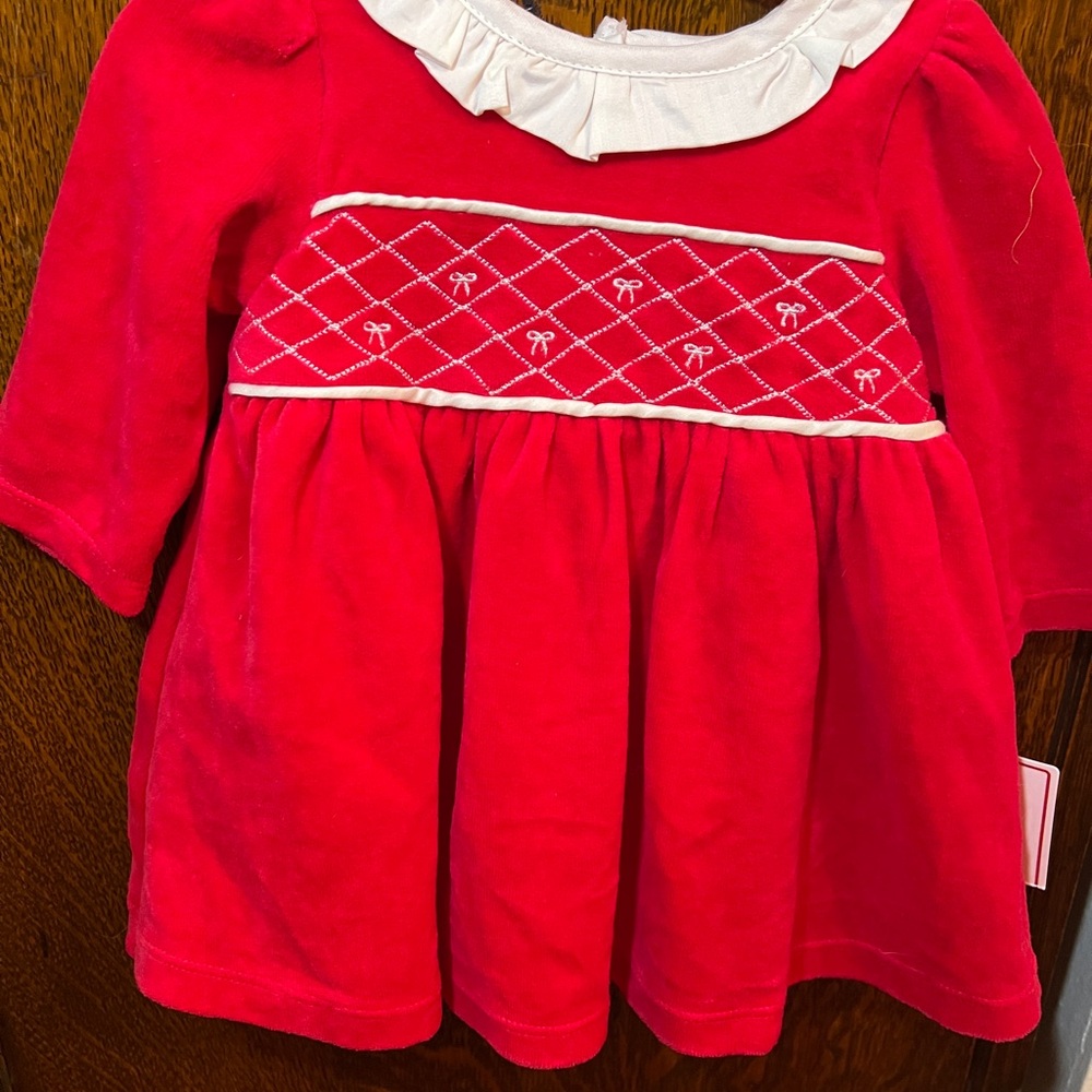 Little Me Red Dress with White Bow Smocking